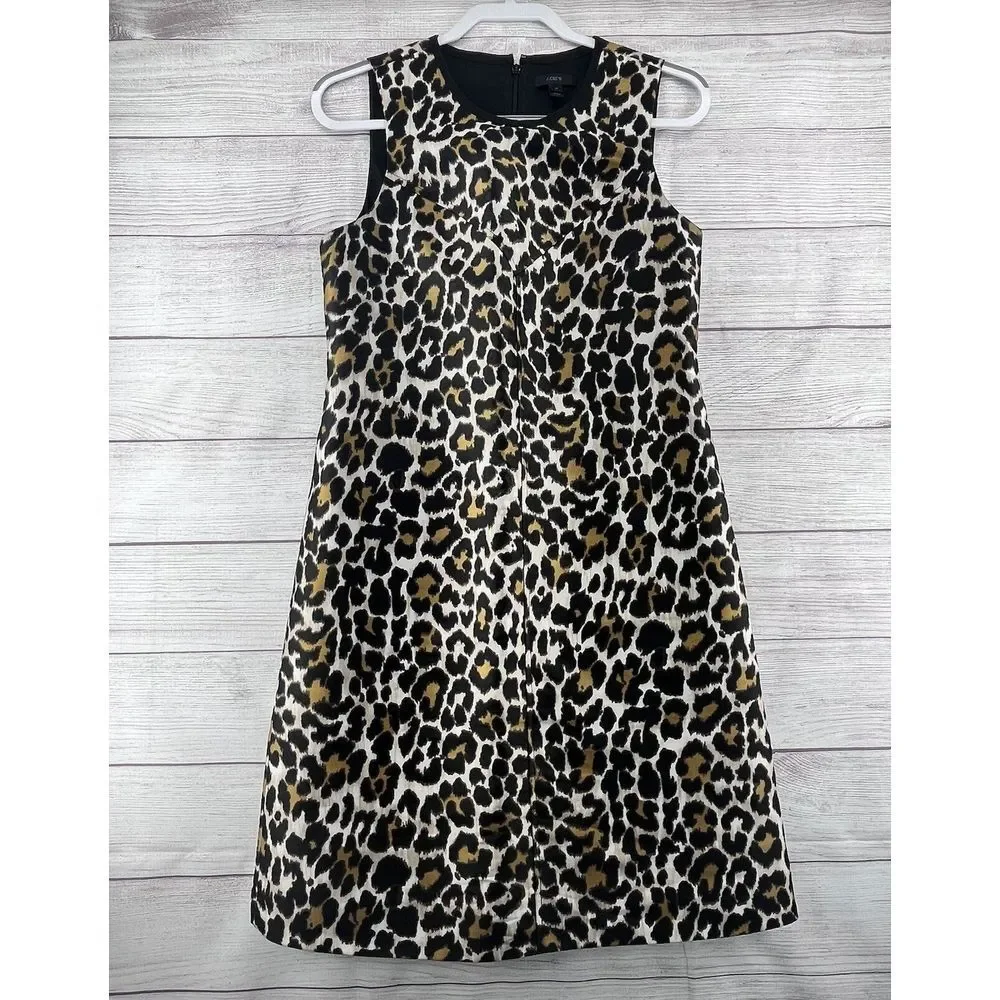 J Crew A-Line Leopard Shift Mini Dress Sz 4 Black Sleeveless Animal  Print Comfy
